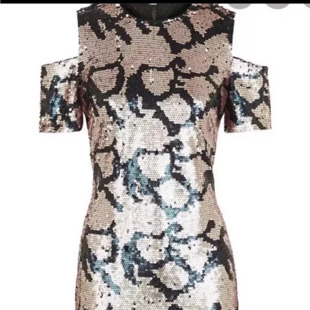 NWT Topshop Gold & Black Sequins Peekaboo Shoulder Party Dress Sz 6
